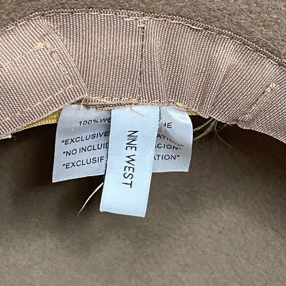 Nine West Felted Wool Hat Tan Wide Brim Cloche Black Faux Leather Band - Picture 8 of 11